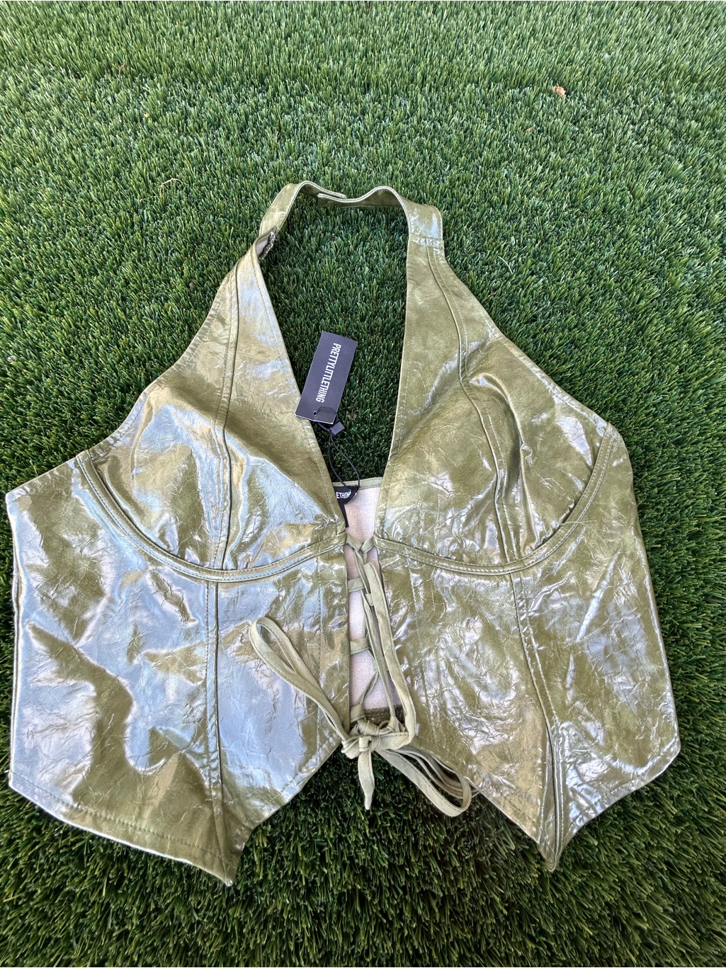 Prettylittlething Olive Green Lace-Up Shiny Plastic Halter Crop Top Xl